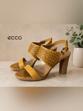 ECCO Mustard Woven Leather Heeled Sandals Size 41